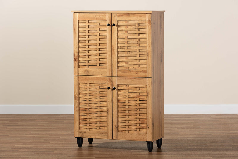 Curlew Modern and Contemporary Oak Brown Finished Wood 4-Door Shoe Storage Cabinet