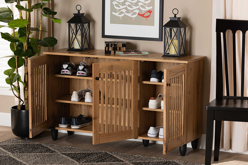 Emmett Modern and Contemporary Oak Brown Finished Wood 3-Door Shoe Cabinet