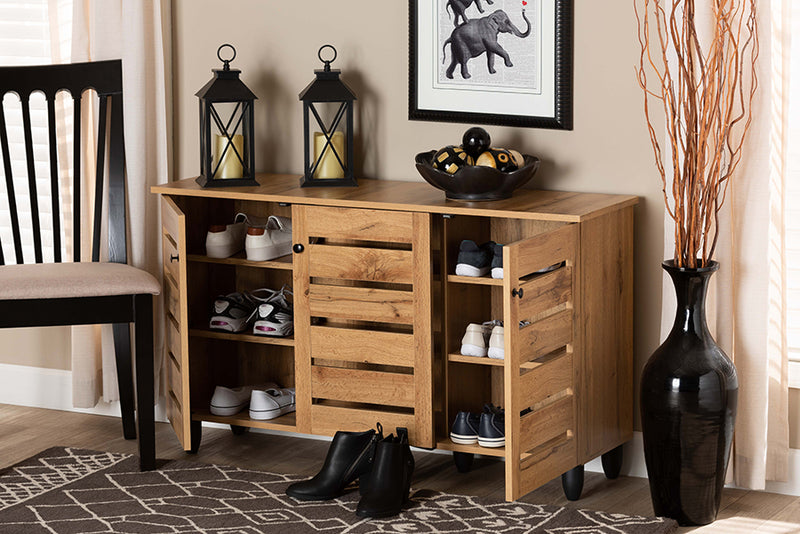 Leola Modern and Contemporary Oak Brown Finished Wood 3-Door Shoe Storage Cabinet