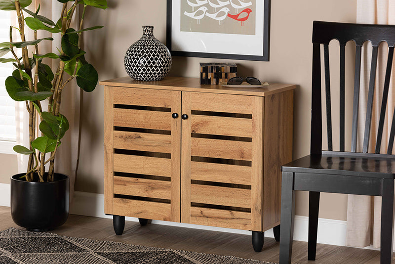 Leola Modern and Contemporary Oak Brown Finished Wood 2-Door Shoe Storage Cabinet