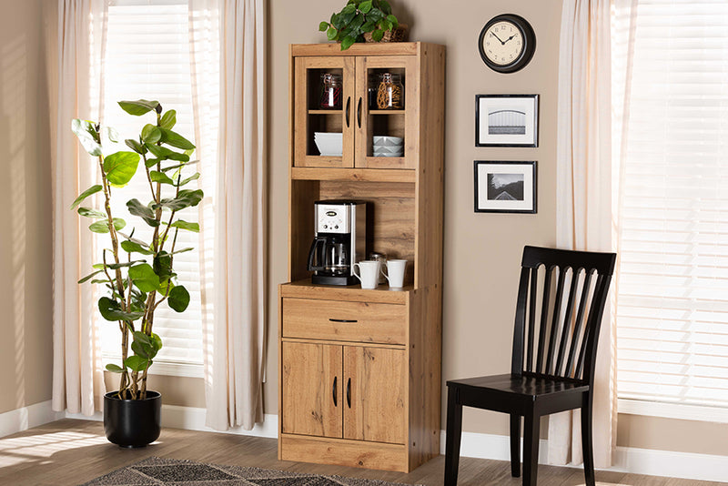 Bernard Modern and Contemporary Oak Brown Finished Wood Kitchen Cabinet and Hutch