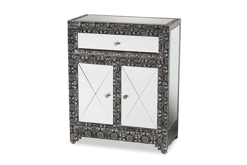 Senan Industrial Glam and Luxe Silver Finished Metal and Mirrored Glass 1-Drawer Sideboard Buffet