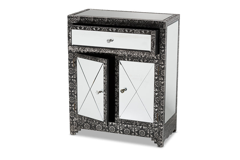 Senan Industrial Glam and Luxe Silver Finished Metal and Mirrored Glass 1-Drawer Sideboard Buffet