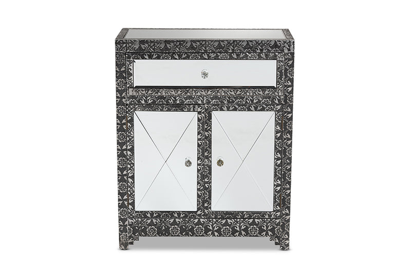 Senan Industrial Glam and Luxe Silver Finished Metal and Mirrored Glass 1-Drawer Sideboard Buffet