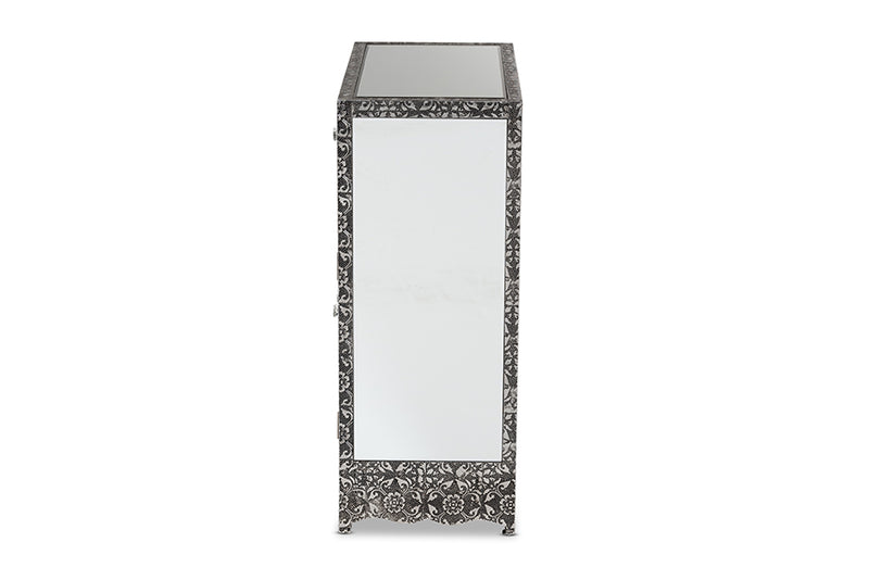 Senan Industrial Glam and Luxe Silver Finished Metal and Mirrored Glass 1-Drawer Sideboard Buffet