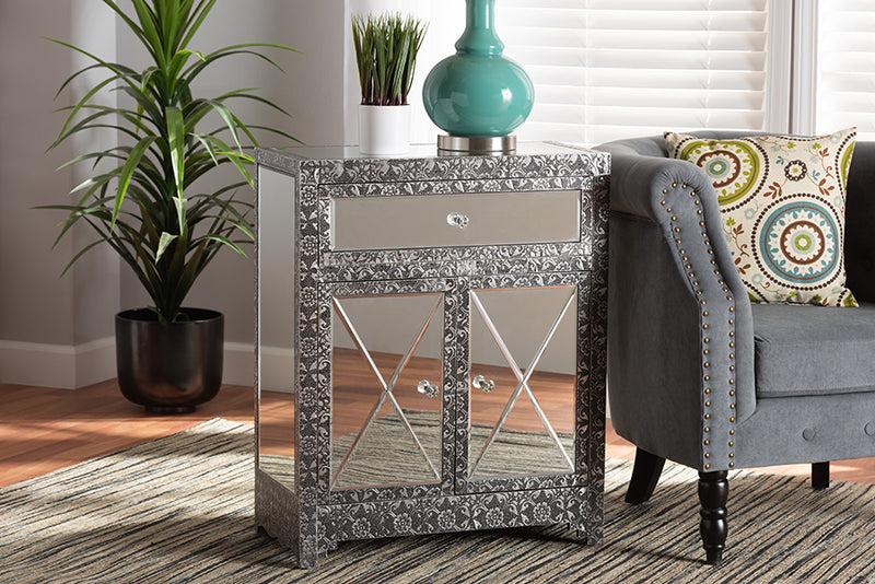 Senan Industrial Glam and Luxe Silver Finished Metal and Mirrored Glass 1-Drawer Sideboard Buffet