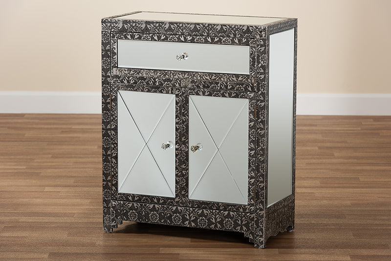 Senan Industrial Glam and Luxe Silver Finished Metal and Mirrored Glass 1-Drawer Sideboard Buffet