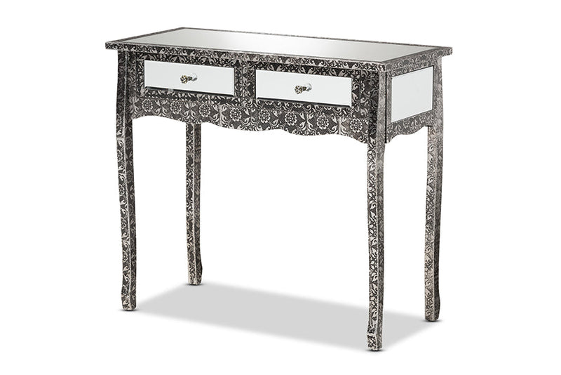 Senan Industrial Silver Finished Metal and Mirrored Glass 2-Drawer Console Table Baxton