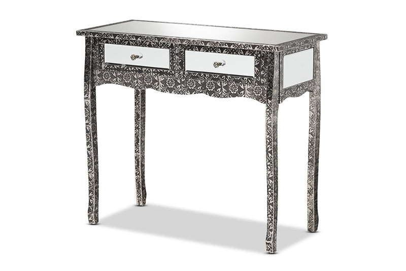 Senan Industrial Glam and Luxe Silver Finished Metal and Mirrored Glass 2-Drawer Console Table