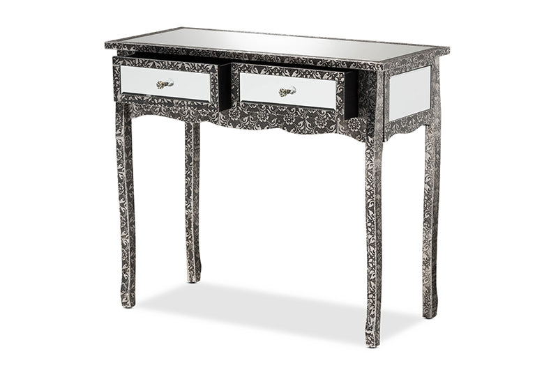 Senan Industrial Glam and Luxe Silver Finished Metal and Mirrored Glass 2-Drawer Console Table