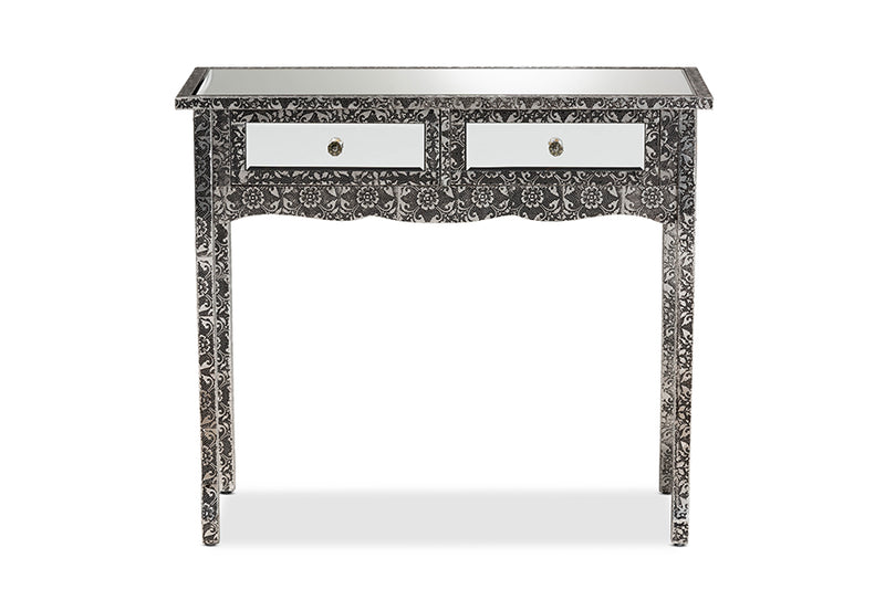 Senan Industrial Glam and Luxe Silver Finished Metal and Mirrored Glass 2-Drawer Console Table