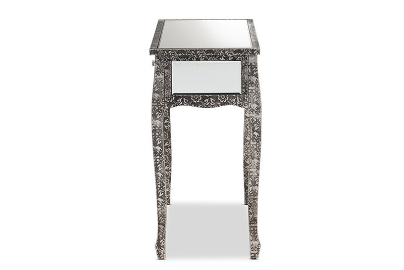 Senan Industrial Glam and Luxe Silver Finished Metal and Mirrored Glass 2-Drawer Console Table