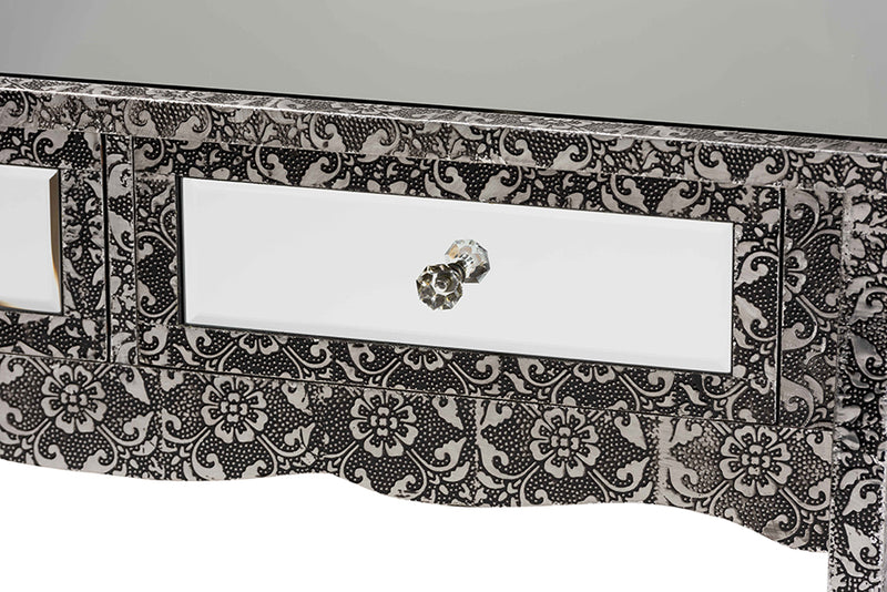 Senan Industrial Glam and Luxe Silver Finished Metal and Mirrored Glass 2-Drawer Console Table