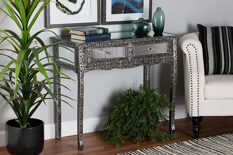 Senan Industrial Glam and Luxe Silver Finished Metal and Mirrored Glass 2-Drawer Console Table