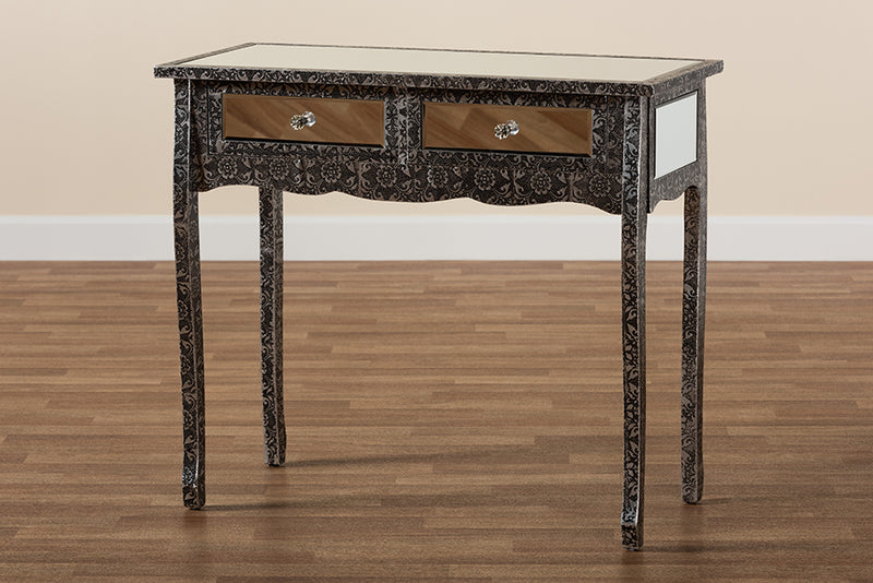 Senan Industrial Glam and Luxe Silver Finished Metal and Mirrored Glass 2-Drawer Console Table