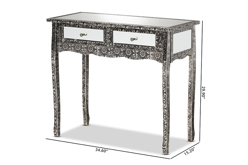 Senan Industrial Glam and Luxe Silver Finished Metal and Mirrored Glass 2-Drawer Console Table