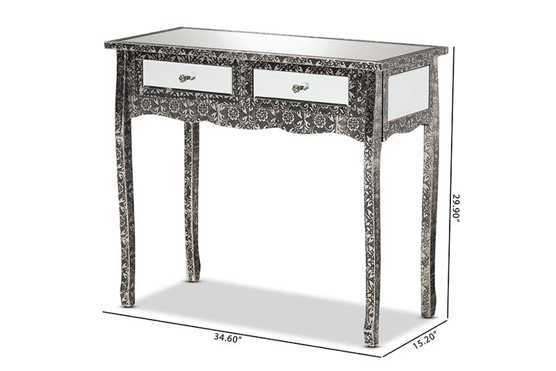 Senan Industrial Silver Finished Metal and Mirrored Glass 2-Drawer Console Table Baxton
