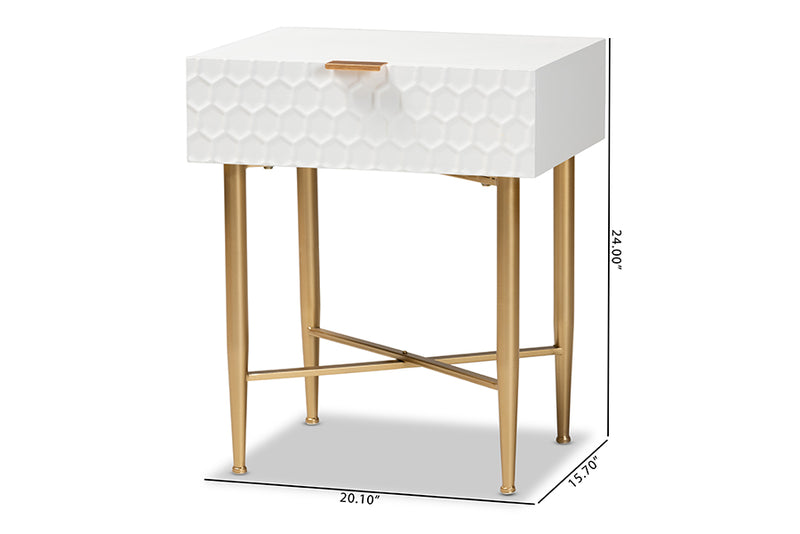 Danica Contemporary Glam and Luxe White Finished Wood and Gold Metal 1-Drawer End Table