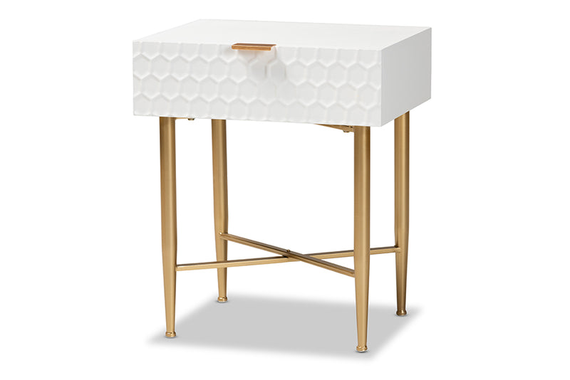 Danica Contemporary Glam and Luxe White Finished Wood and Gold Metal 1-Drawer End Table