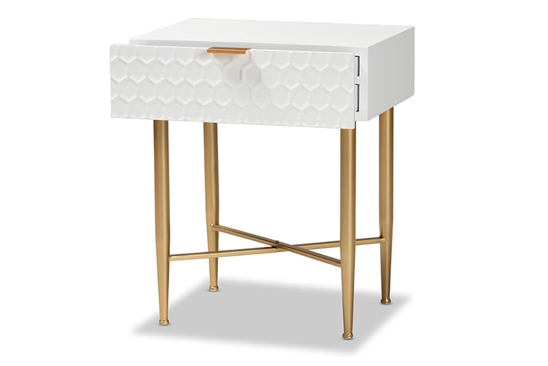 Danica Contemporary Glam and Luxe White Finished Wood and Gold Metal 1-Drawer End Table