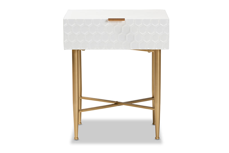 Danica Contemporary Glam and Luxe White Finished Wood and Gold Metal 1-Drawer End Table