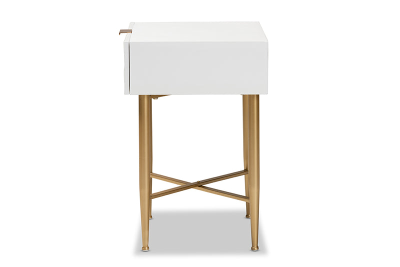 Danica Contemporary Glam and Luxe White Finished Wood and Gold Metal 1-Drawer End Table