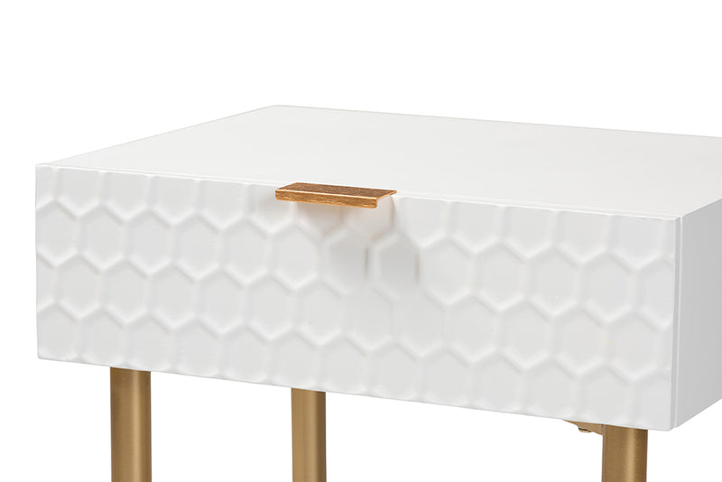 Danica Contemporary Glam and Luxe White Finished Wood and Gold Metal 1-Drawer End Table