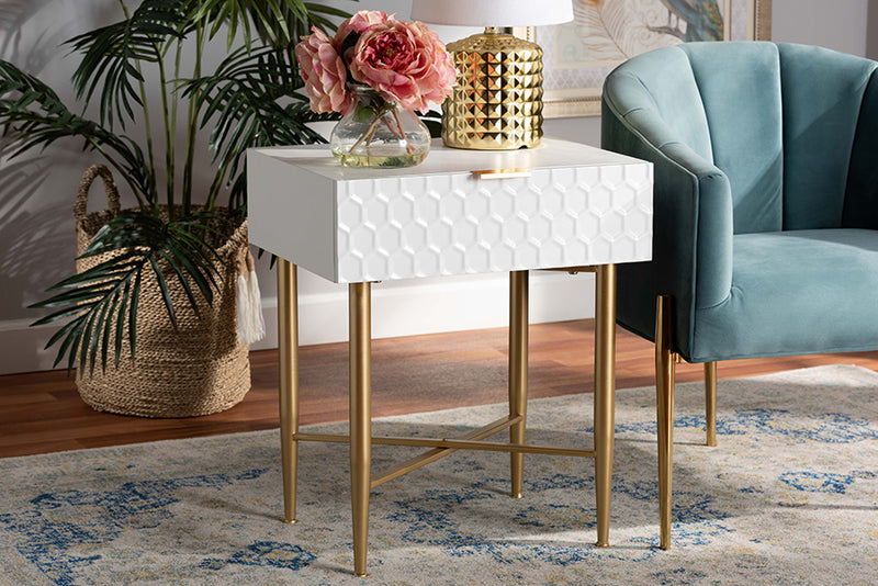 Danica Contemporary Glam and Luxe White Finished Wood and Gold Metal 1-Drawer End Table