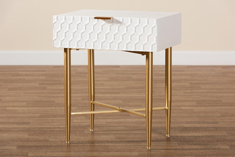 Danica Contemporary Glam and Luxe White Finished Wood and Gold Metal 1-Drawer End Table