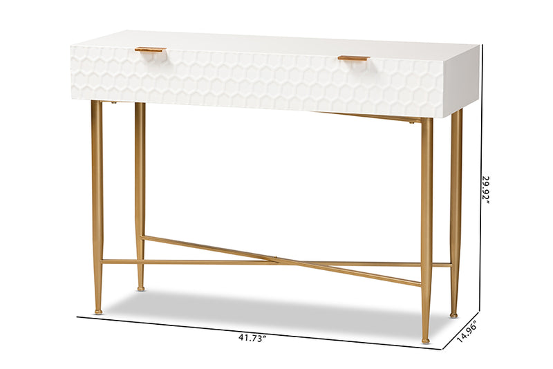 Bellini Modern and Contemporary White Finished Wood and Gold Metal 1-Drawer Console Table