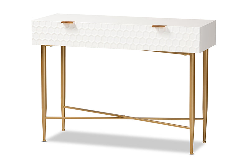 Bellini Modern and Contemporary White Finished Wood and Gold Metal 1-Drawer Console Table