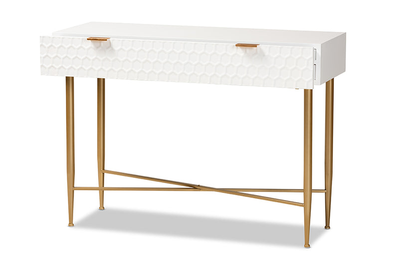 Bellini Modern and Contemporary White Finished Wood and Gold Metal 1-Drawer Console Table