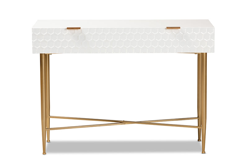 Bellini Modern and Contemporary White Finished Wood and Gold Metal 1-Drawer Console Table