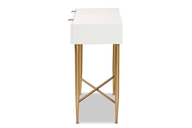 Bellini Modern and Contemporary White Finished Wood and Gold Metal 1-Drawer Console Table