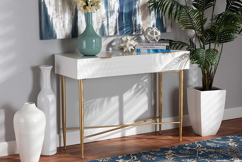 Bellini Modern and Contemporary White Finished Wood and Gold Metal 1-Drawer Console Table