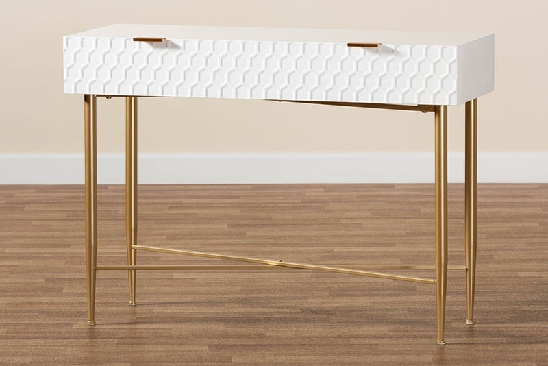 Bellini Modern and Contemporary White Finished Wood and Gold Metal 1-Drawer Console Table