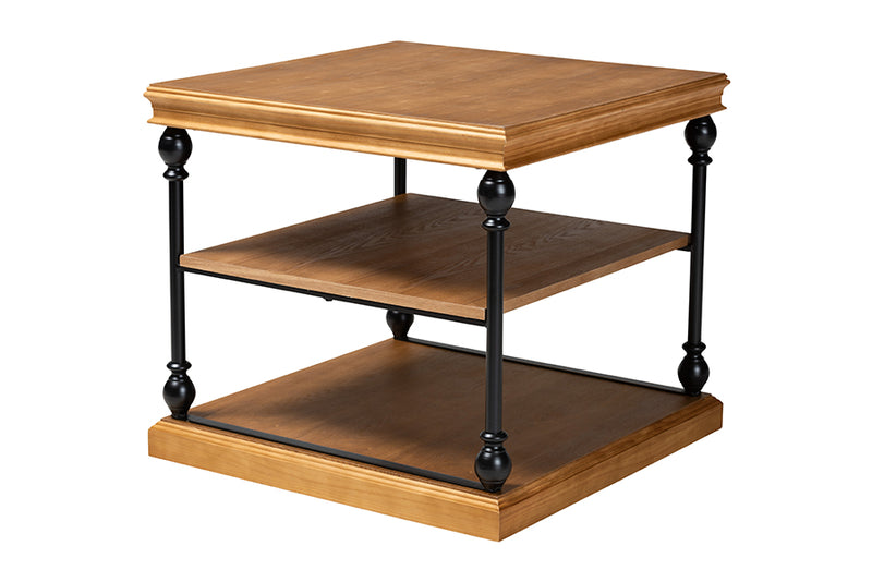 Lena Traditional Industrial Oak Brown Finished Wood and Black Metal 3-Tier End Table