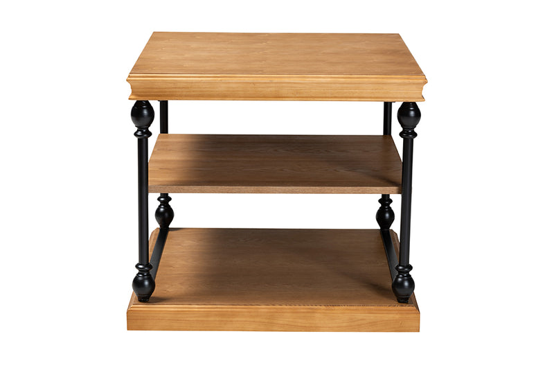 Lena Traditional Industrial Oak Brown Finished Wood and Black Metal 3-Tier End Table