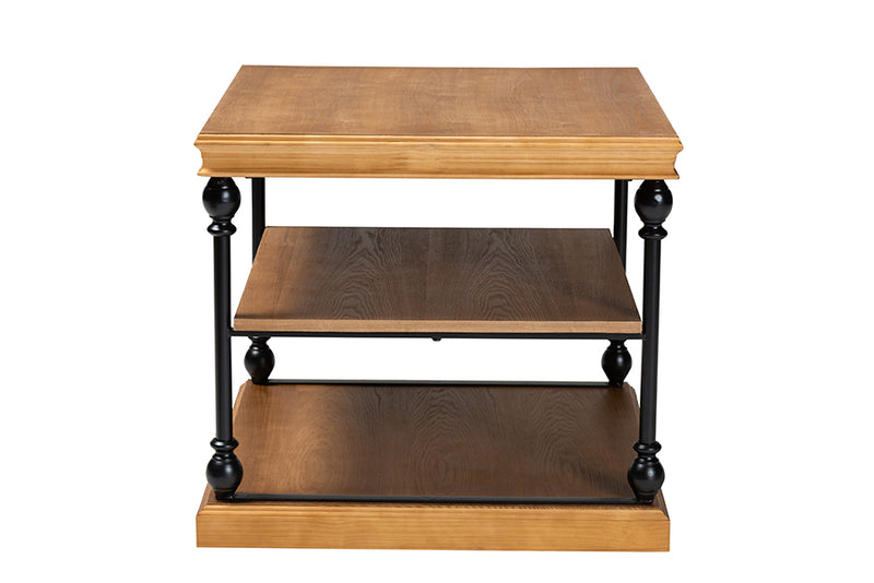 Lena Traditional Industrial Oak Brown Finished Wood and Black Metal 3-Tier End Table