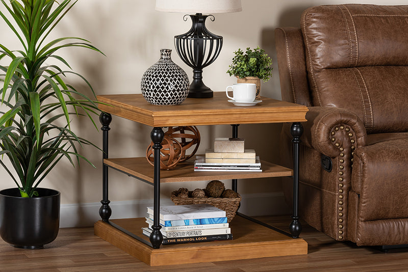 Lena Traditional Industrial Oak Brown Finished Wood and Black Metal 3-Tier End Table