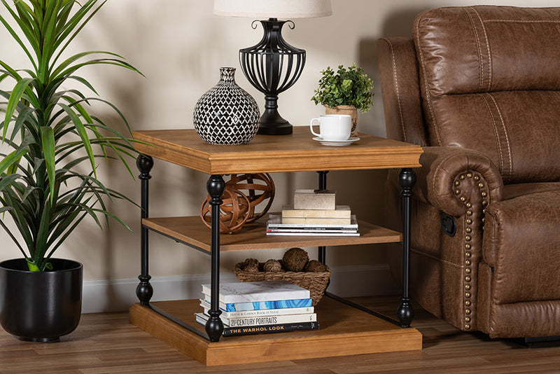 Lena Traditional Industrial Oak Brown and Black Metal 3-Tier End Table Baxton
