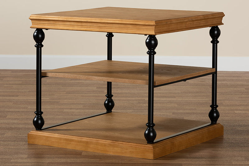 Lena Traditional Industrial Oak Brown and Black Metal 3-Tier End Table Baxton