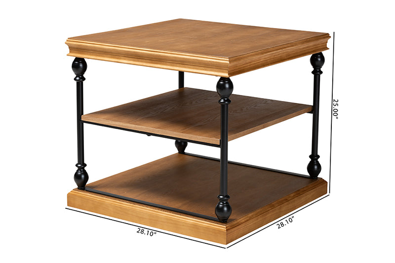 Lena Traditional Industrial Oak Brown Finished Wood and Black Metal 3-Tier End Table