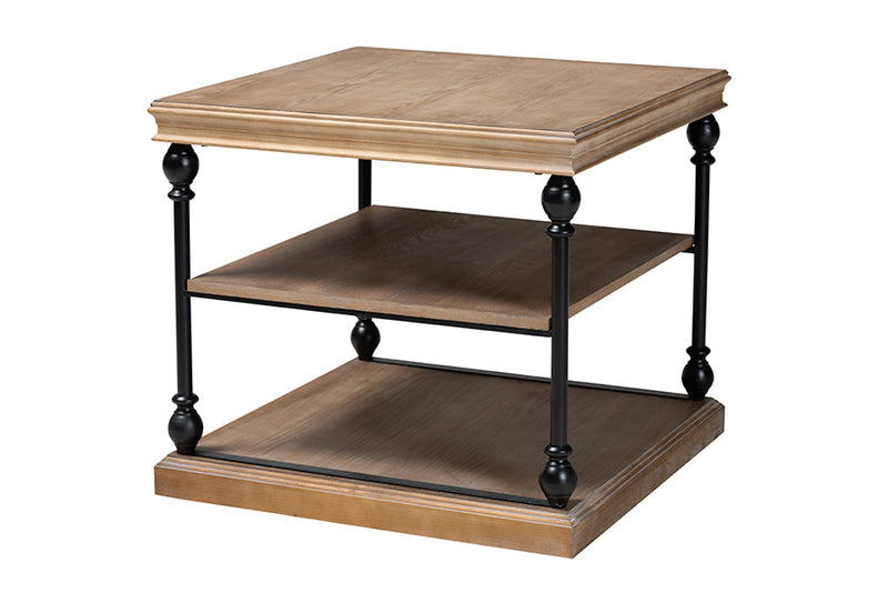 Lena Traditional Industrial Greywashed Wood and Black Metal 3-Tier End Table Baxton