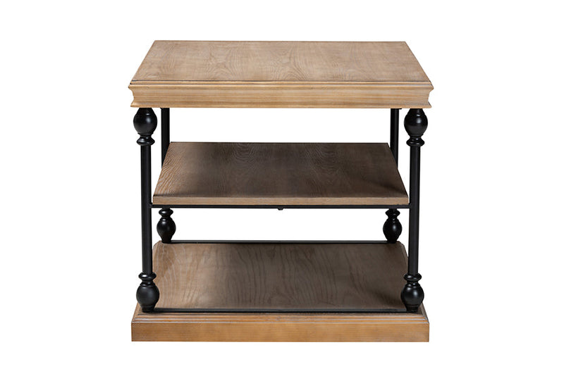Lena Traditional Industrial Greywashed Wood and Black Metal 3-Tier End Table Baxton