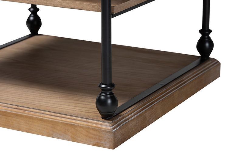 Lena Traditional Industrial Greywashed Wood and Black Metal 3-Tier End Table Baxton