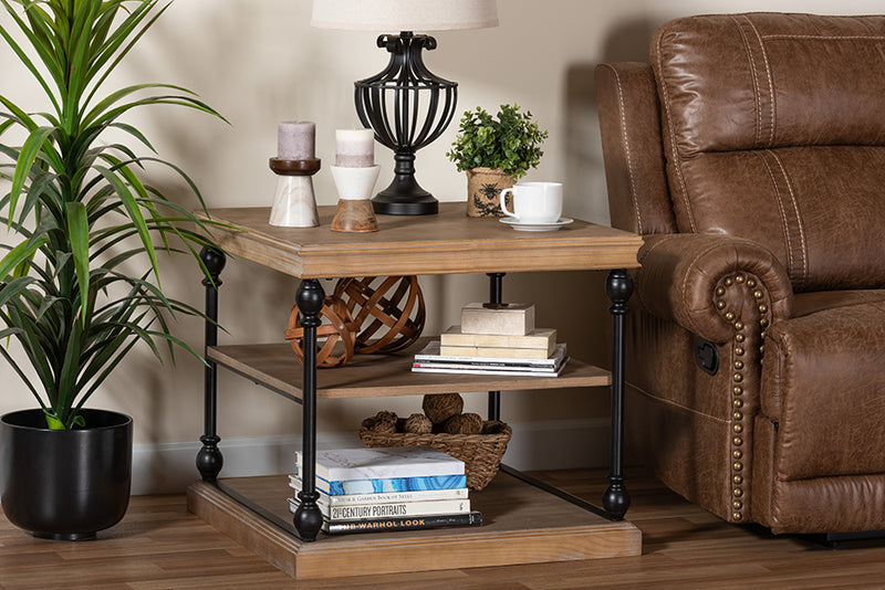 Lena Traditional Industrial Greywashed Wood and Black Metal 3-Tier End Table