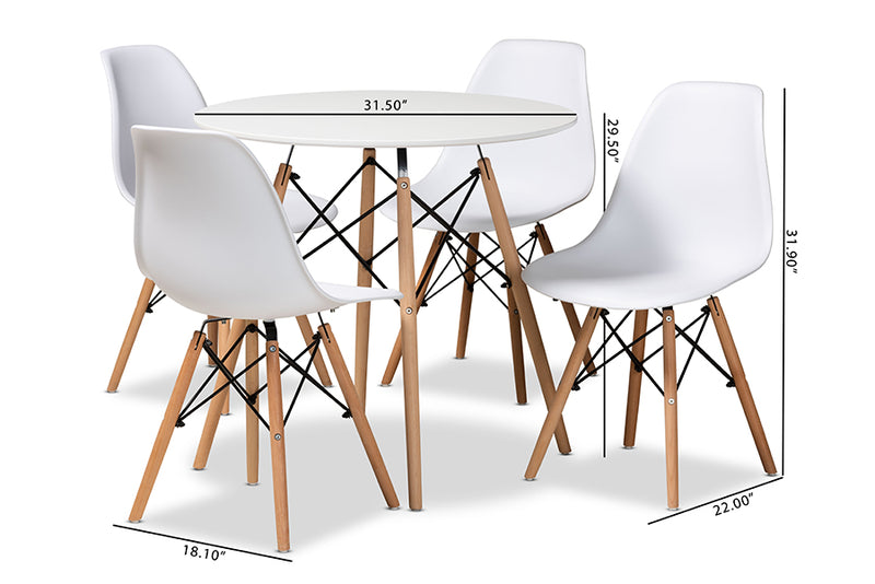 Malina Modern and Contemporary White Finished Polypropylene Plastic and Oak Brown Finished Wood 5-Piece Dining Set