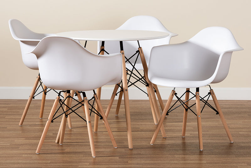 Kellyn Modern and Contemporary White Finished Polypropylene Plastic and Oak Brown Finished Wood 5-Piece Dining Set