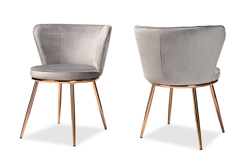 Bowie Modern Luxe and Glam Gray Velvet Fabric Upholstered and Rose Gold Finished Metal 2-Piece Dining Chair Set